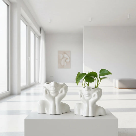 Vase Visage Nordic en Céramique Blanche – Art Moderne & Décoration Florale Élégante